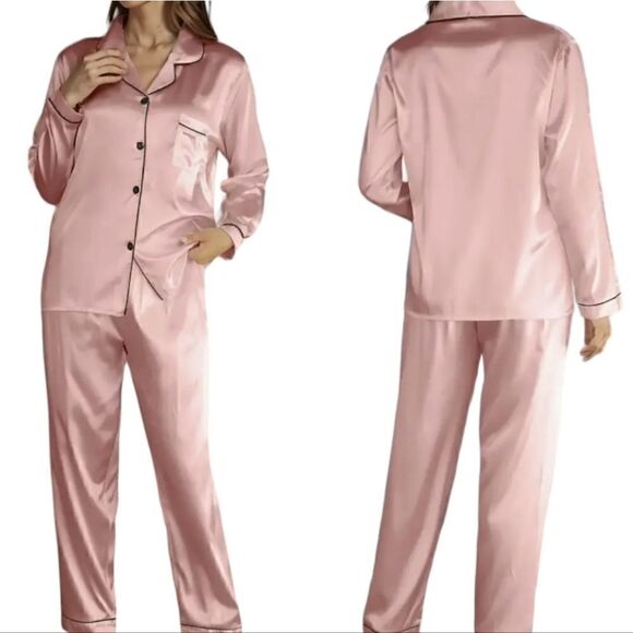 Satin Pink Pajama Set Classic Button Down Loungewear Long Sleeve Sleepwear Large - Picture 3 of 13